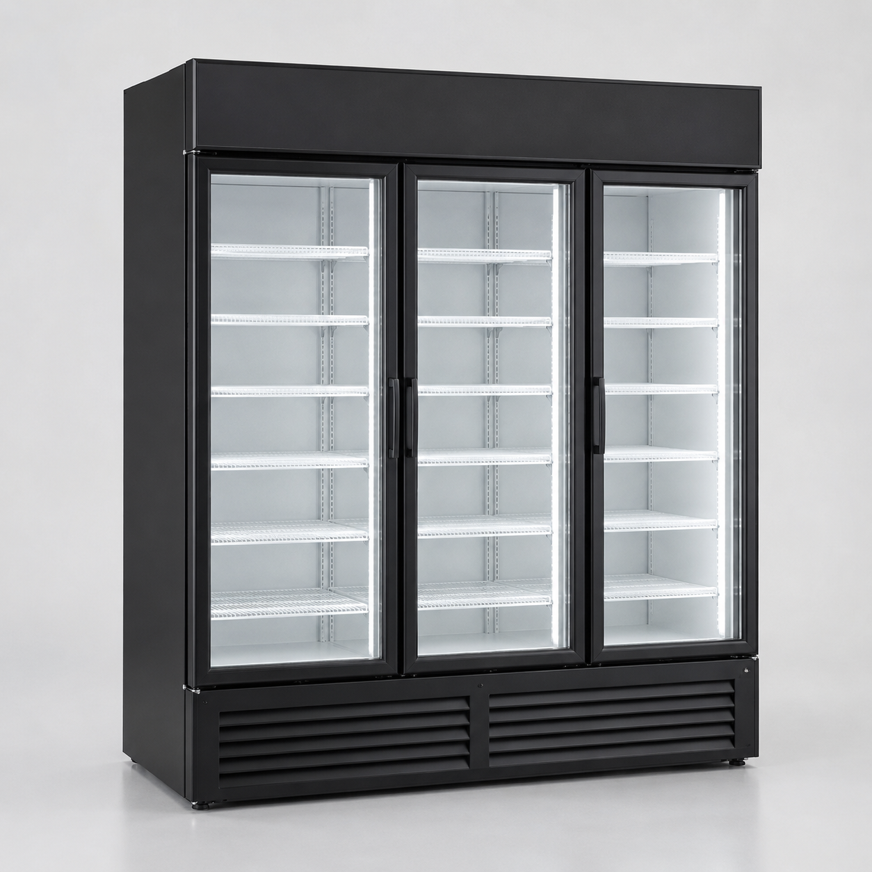 Three-door upright commercial glass display freezer